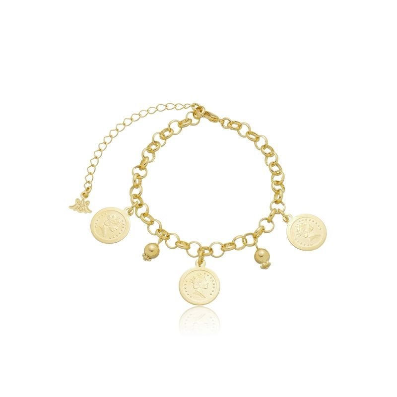 Pulseira Elo Portugues C/moeda Lira Italina E Bolinhas