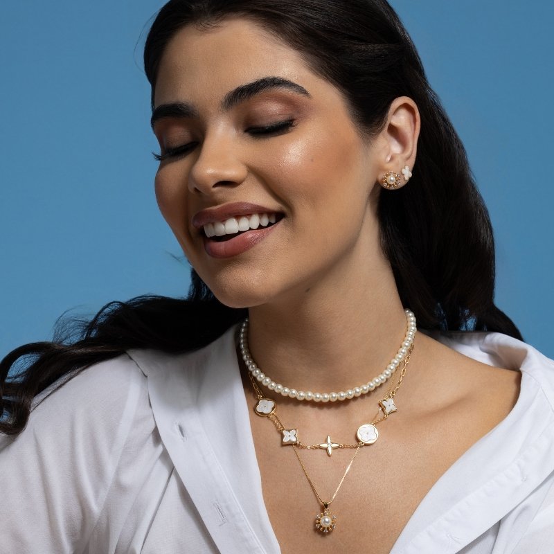 Conjunto Veneziana Flor Em Zircônia Com Pérola E Fecho Lagosta 40/45cm